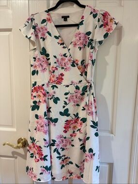 Ann Taylor White Wrap Midi Dress with Pink Floral Print